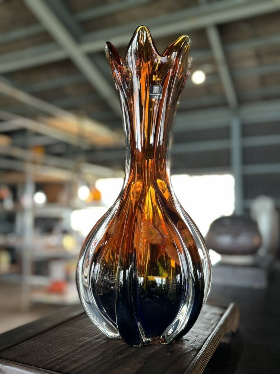 [R-19] ガラス製花瓶(花器 花柄 レトロ アンティーク)_画像1