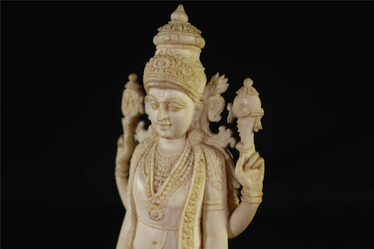 東洋彫刻 細密彫刻 人物 仏像 インドの神様 置物 天然 白材 /マンモス_画像6