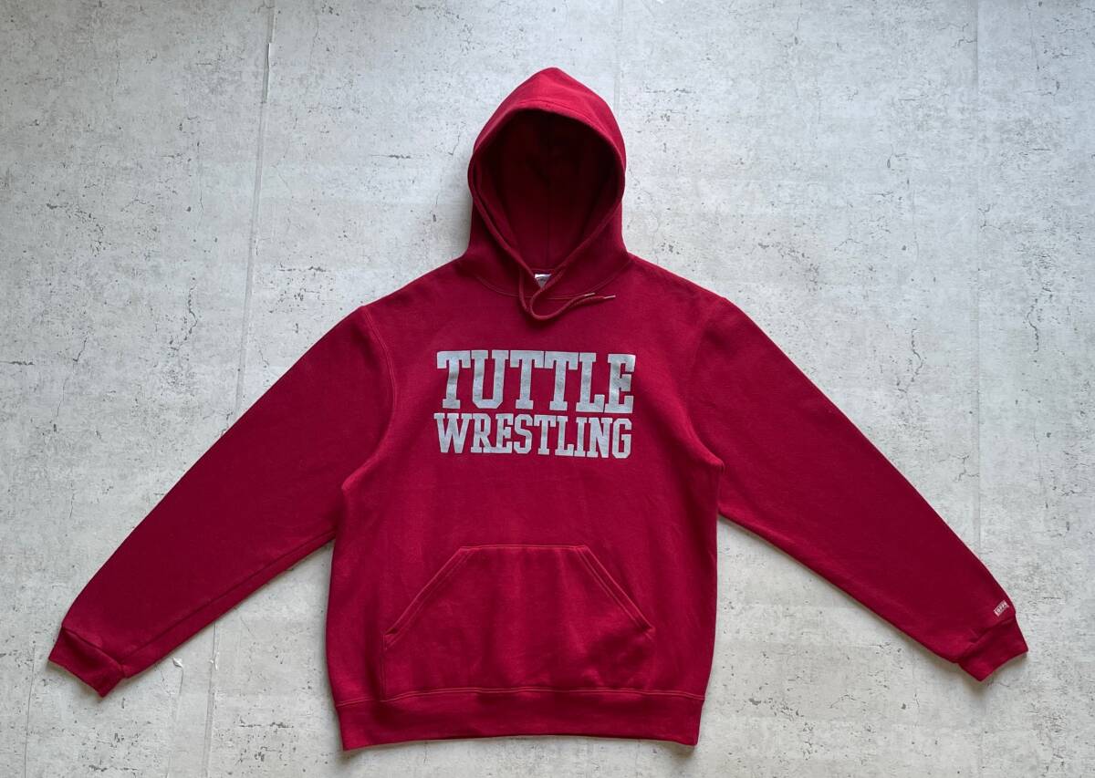 vintage ヴィンテージ 90's カレッジロゴ TUTTLE WRESTLING プルオーバー パーカー レッド Mの画像2