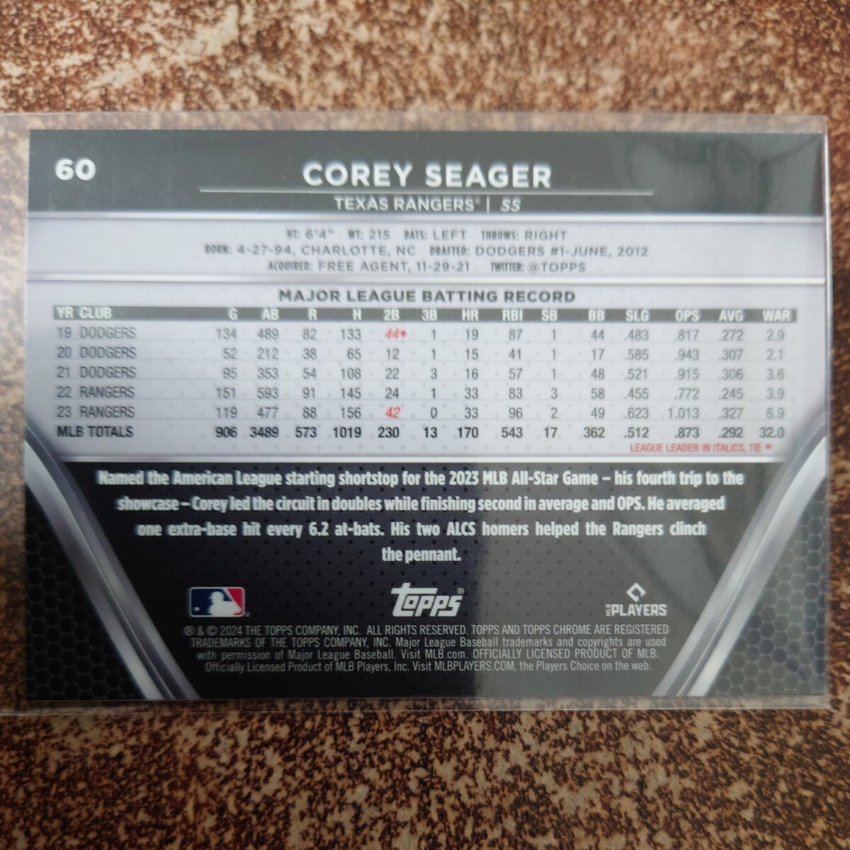 MLB 2024 Topps〈COREY SEAGER〉Chrome BLACK テキサス・レンジャーズ_画像2