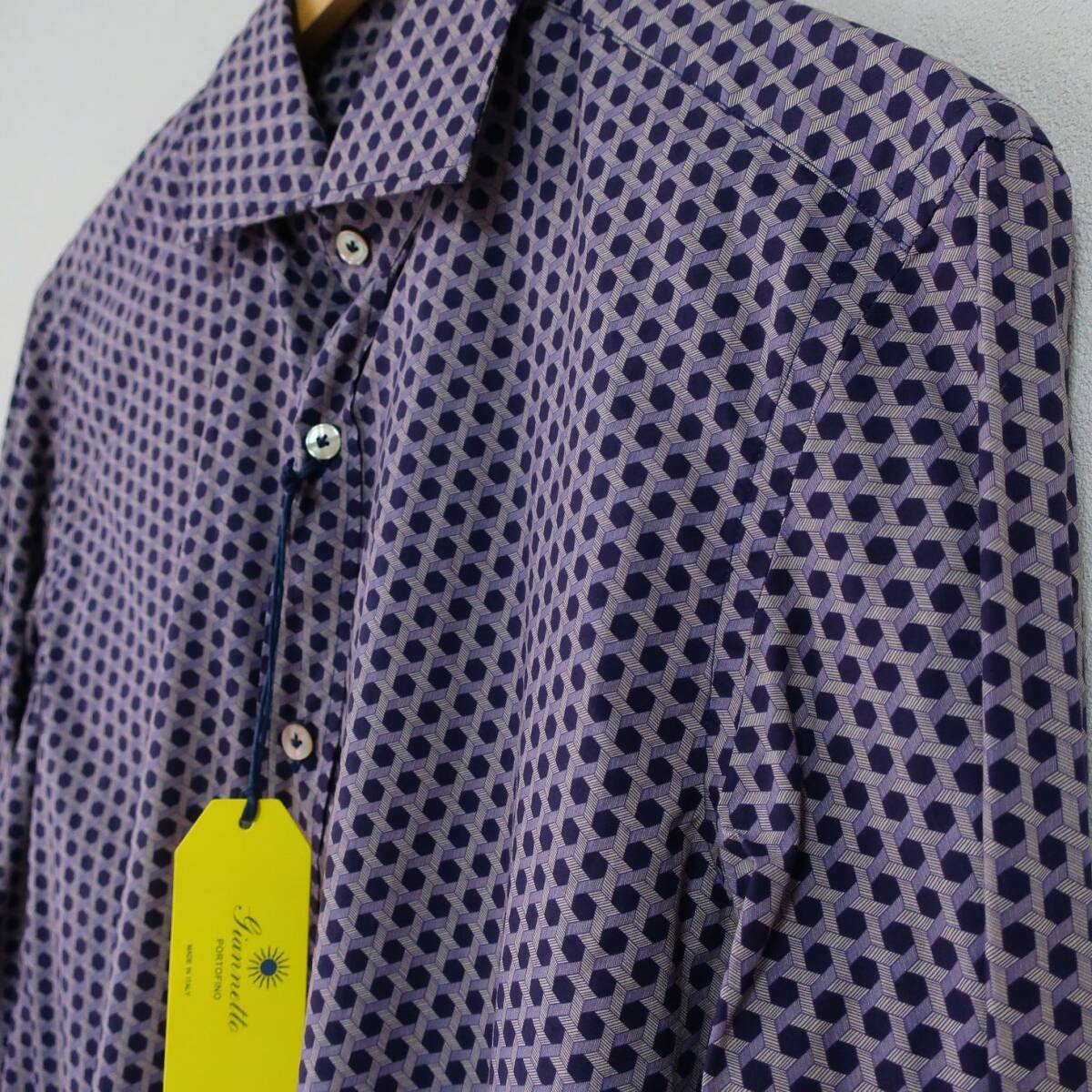 新品 未使用 GIANNETTO ジャンネット イタリア製 ドレスシャツ 総柄 長袖シャツ ドット チェック パープル 紫 メンズ 40 Lサイズ XLサイズ