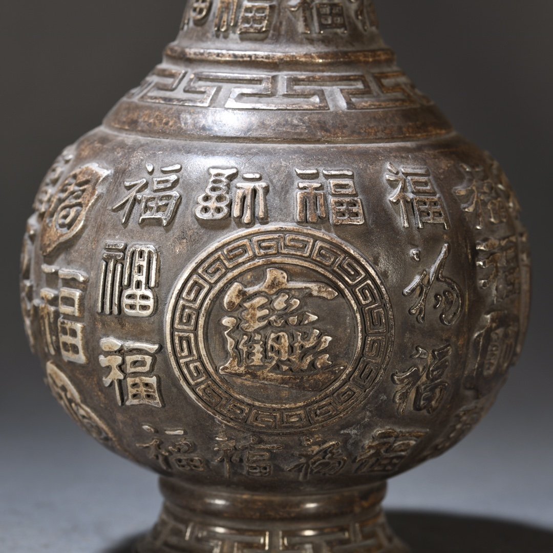 【安】清時代 乾隆年製 銅鍍銀 百福彫紋瓶一対 極細工 古置物 古擺件 中国古美術 古美味 時代物 古董品 448_画像4