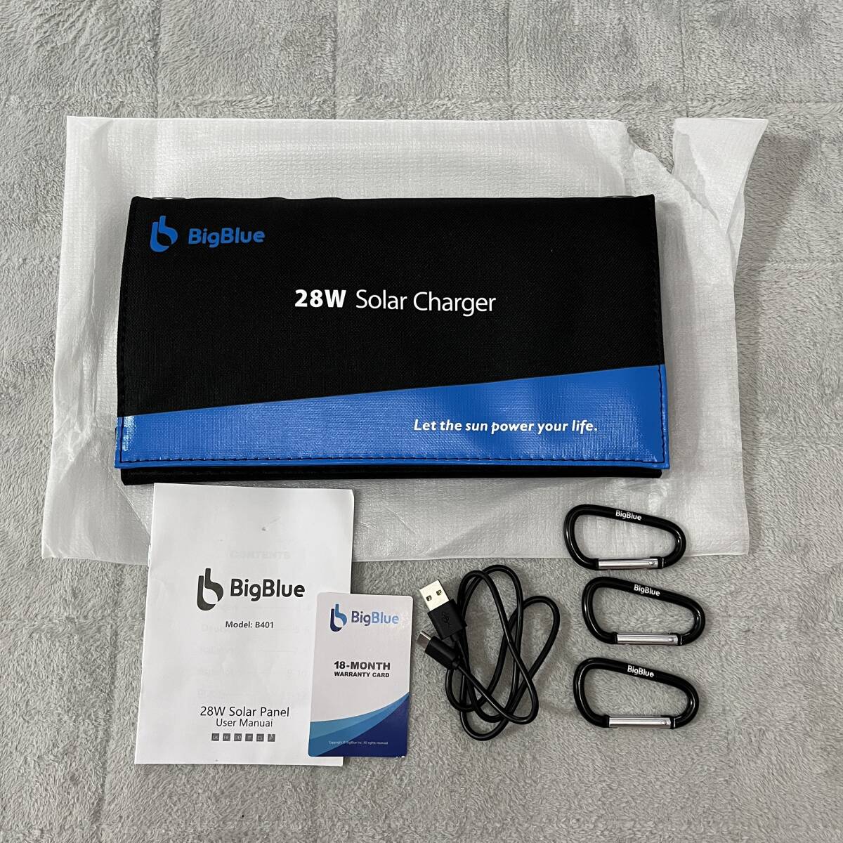 【美品】BigBlue LM2200 28W ソーラーチャージャー 電流計 ソーラー 充電器 2USBポート(5V/4.0A) ソーラーパネル 折り畳み式 Sunpower 防水