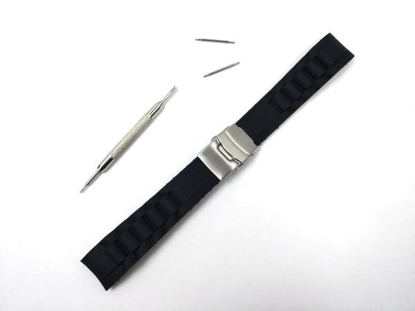 シリコンラバーストラップ 弓カン Wロックバックル 交換用腕時計ベルト キャタピラ2 ブラック 20mmの画像1