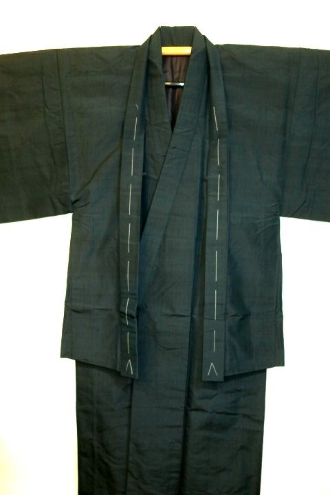 . month 2189ps.@ silk Yonezawa .... pongee man kimono feather woven .69 height 146К Indigo blue green *.. door color present-day thing not yet have on 