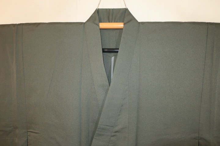 壱水1962 本絹西陣織お召 男着物単衣 裄72丈144К灰緑の霞織 しなやか 大物 新品級の画像1