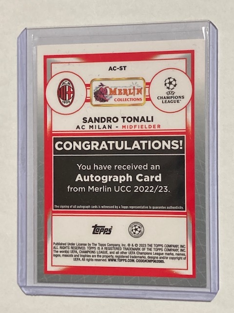 2021-22 Topps Stadium Club Chrome UEFA Sandro Tonali Auto 直筆サインカード サンドロ・トナーリ_画像2