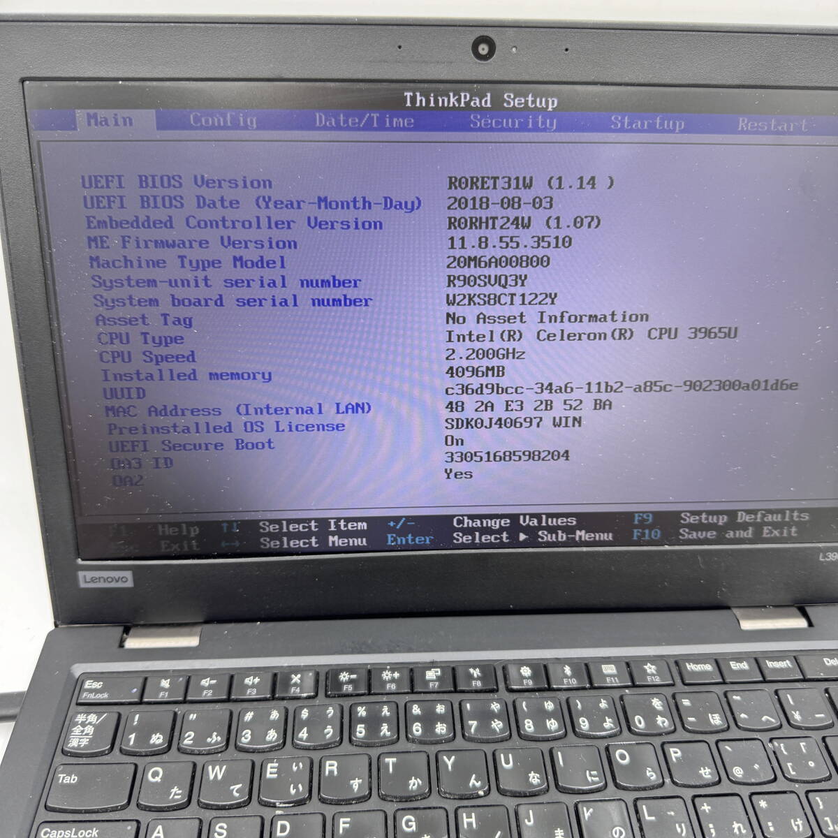 Lenovo ノートパソコン L390 CPU:Celeron（R)CPU 　3965U ジャンクZ1587_画像2