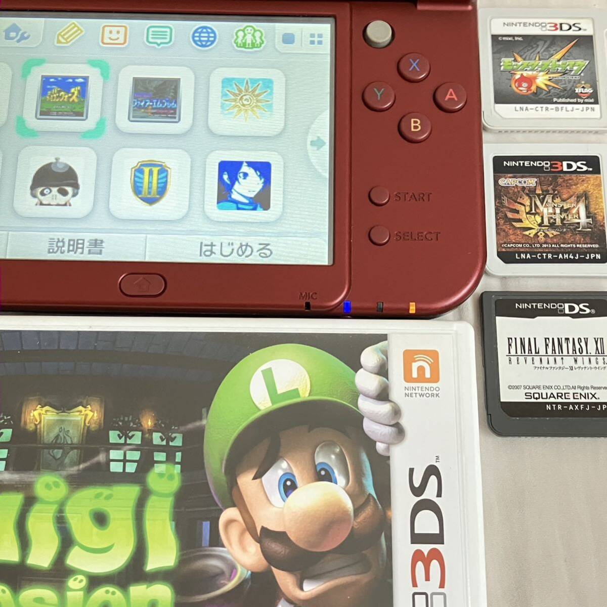 塗装剥がれあり【動作確認済み中古】Newニンテンドー3DS LL 本体「モンスターハンタークロス スペシャルパック」箱＆ソフト付き_ダウンロード版6本、パッケージ版4本付き