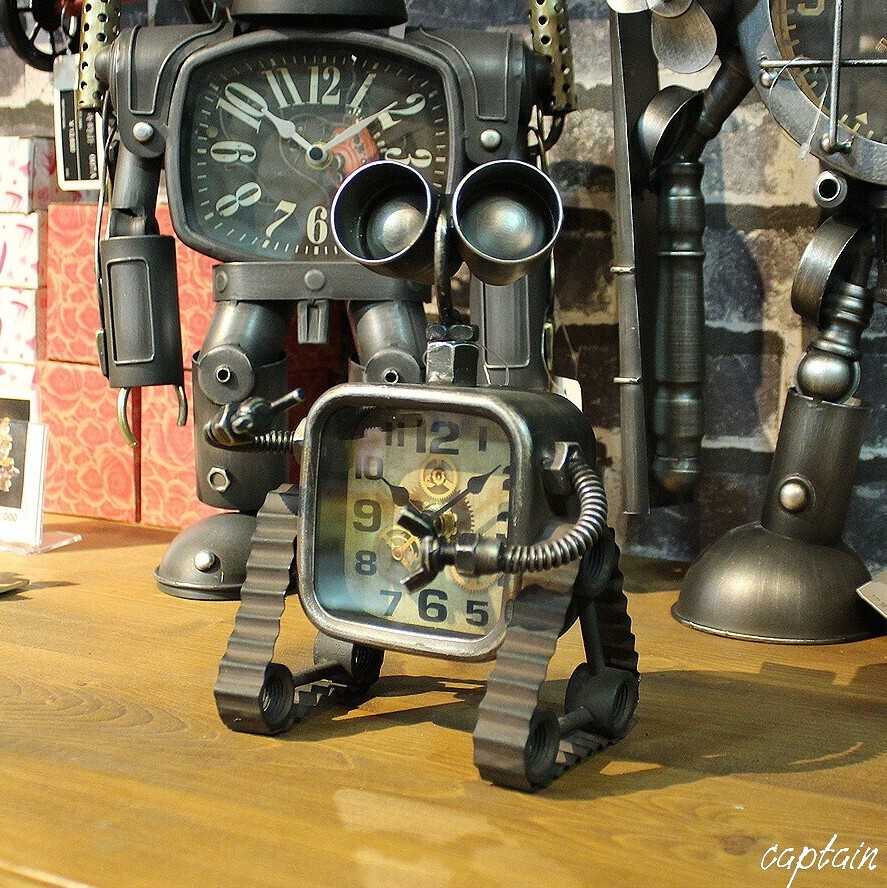 置き時計 置時計 ブリキ 置物 時計 オブジェ ロボット かわいい インテリア レトロ ビンテージ アンティーク おしゃれ 角型 シルバー 8_画像1