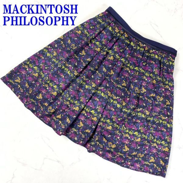 マッキントッシュフィロソフィー 総柄フレアスカートネイビー系MACKINTOSH PHILOSOPHY カラードット ポケット無 36 C9769_画像1