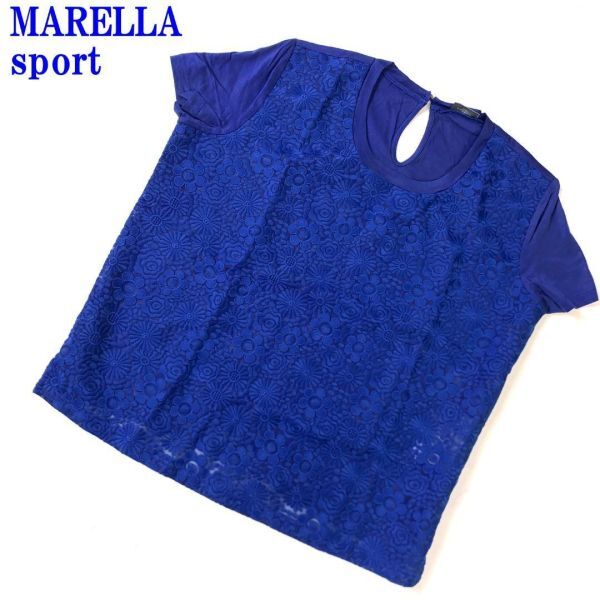 マレーラスポーツ 半袖シアー花柄刺繍ブラウスブルーMARELLA sport フロント総刺繍 透け感有 コットン100％ S C9860_画像1