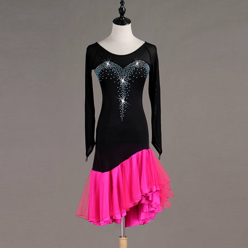 最新入荷レディース社交ダンスラテン競技ドレス　社交ダンスタンゴドレス　黒＋ピンク　SーXXL　サイズ調整可