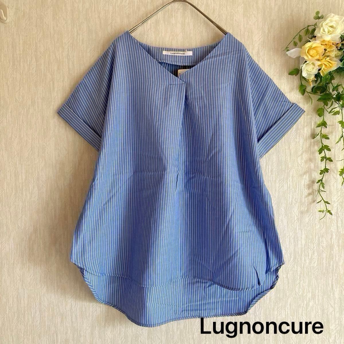 ルノンキュール（Lugnoncure）フレンチスリーブシャツ　Vネックシャツ　ストライプ柄