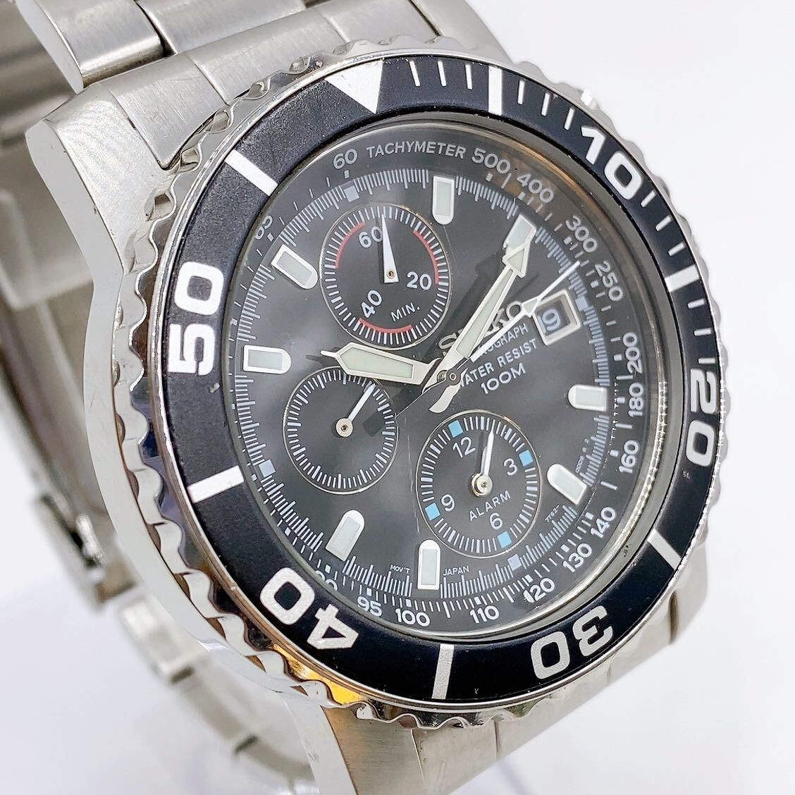 4AA011 SEIKO セイコー 腕時計 7T62-0CV0 ブラック文字盤 クロノグラフ 100M 3針 デイト メンズ クォーツ QZ ベルトジャンク 中古 現状品の画像2