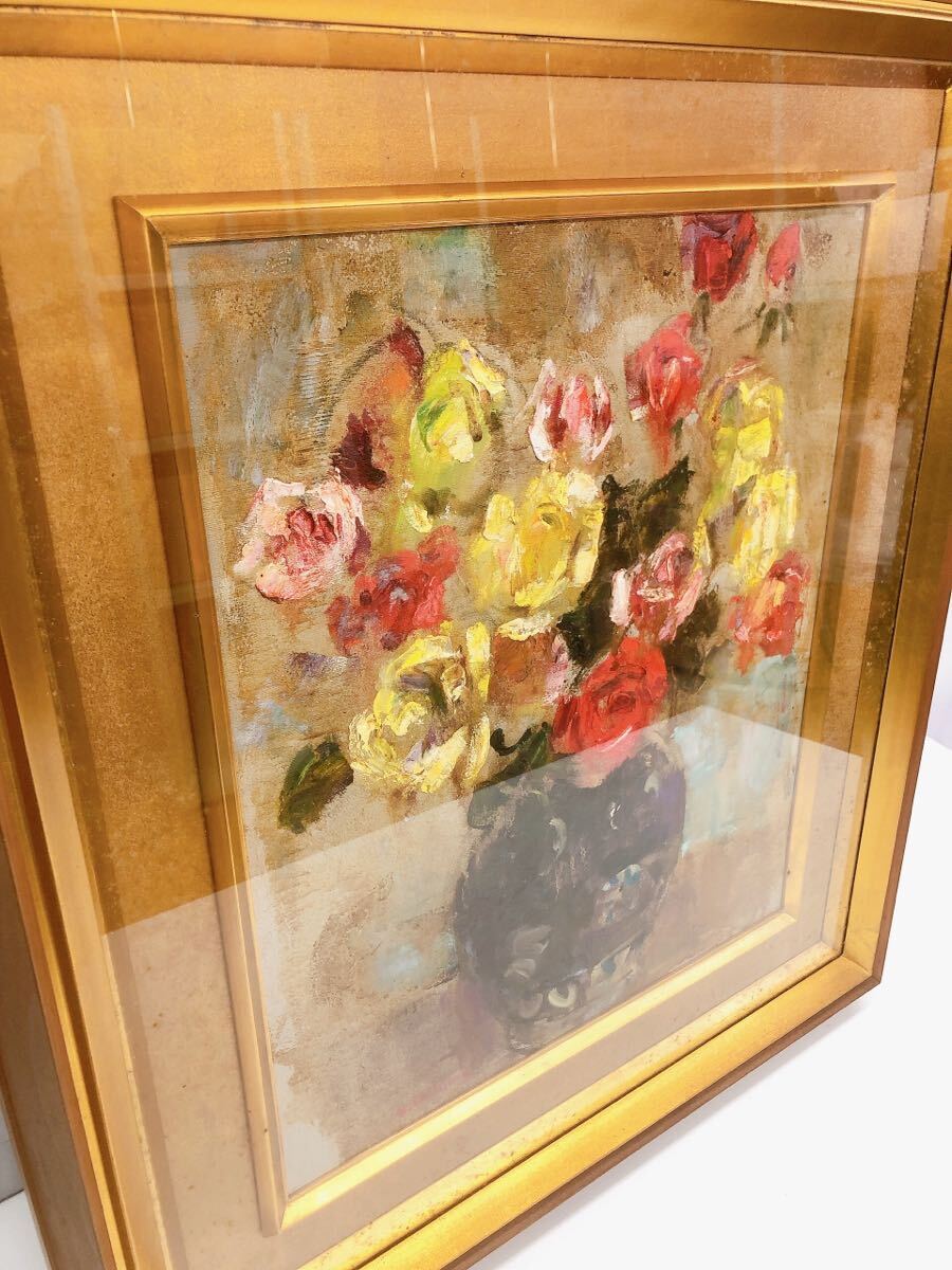 4AB056 1円〜 大島士一「ペルシャ壺の薔薇」油彩 日展参与 美術 現状品の画像3