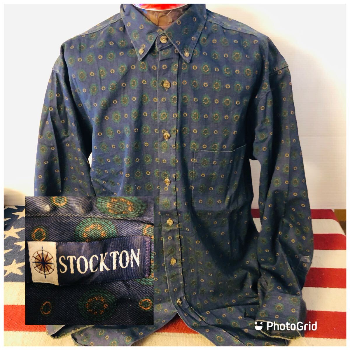 アメリカ古着 ストックトン STOCKTON M 総柄プリント ボタンダウンシャツ ネイビーの画像1