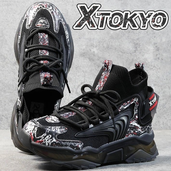 X TOKYO 厚底 スニーカー メンズ ニットスニーカー ソックススニーカー スリッポン ハイカット 靴 3651 ブラック 25.5cm / 新品の画像1