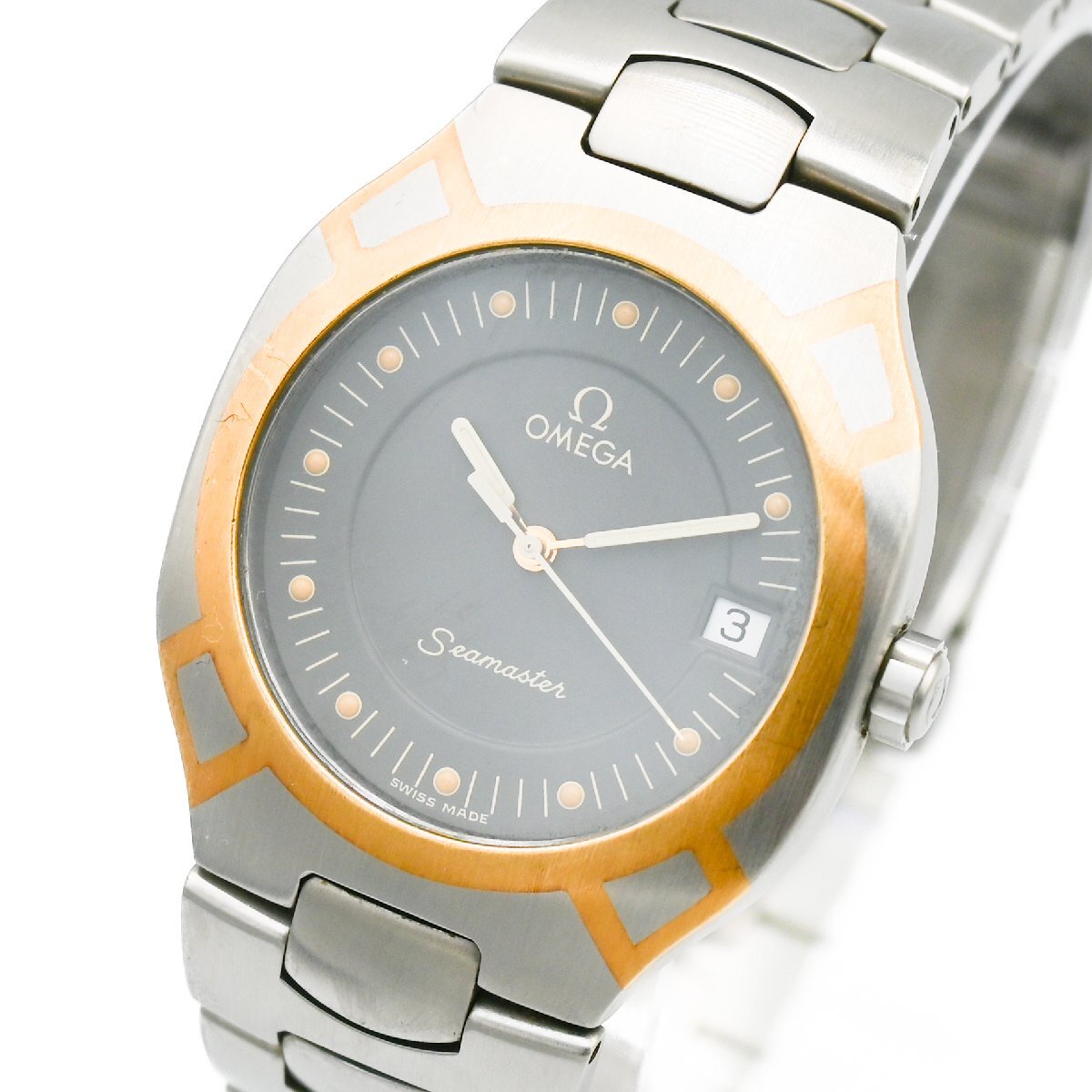 1円 稼働 美品 OMEGA オメガ seamaster シーマスター ポラリス SS/YG ゴールド QZ デイト 3針 グレー文字盤 メンズ 腕時計 268920240409の画像1