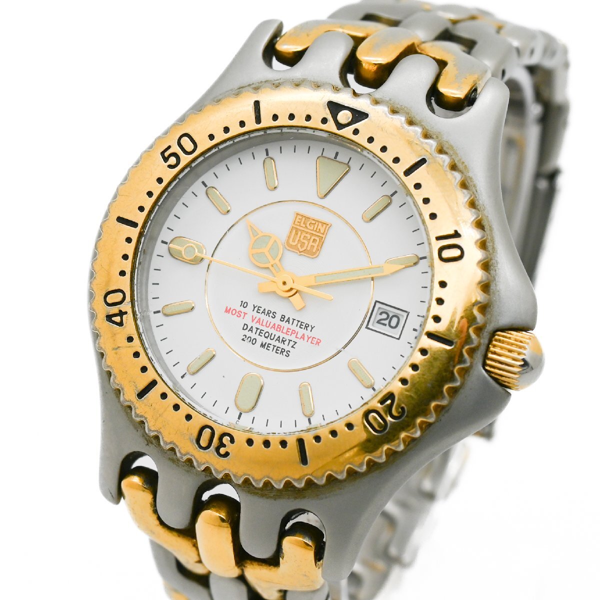 1円 稼働 ELGIN エルジン FK-664-C ゴールドカラー QZ クオーツ デイト 3針 白文字盤 SS GP メンズ 腕時計 ラウンド ウォッチ 317120240423
