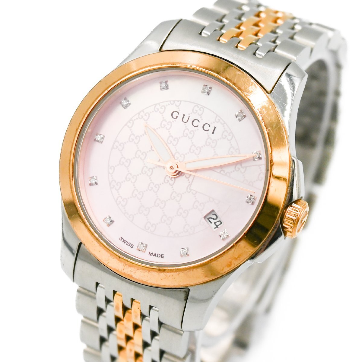 1円 稼働 良品 GUCCI グッチ 126.5 Gタイムレス 12Pダイヤモンド QZ クオーツ デイト 3針 ピンクシェル文字盤 女性用 腕時計 331320240430_画像1