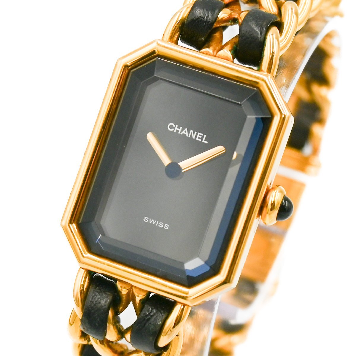 1 иен работа CHANEL Premiere M QZ кварц чёрный черный циферблат Gold GP наручные часы женский женщина квадратное бренд 330420240430