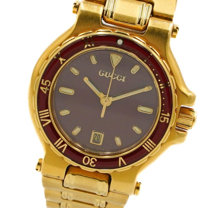 1 иен работа прекрасный товар GUCCI Gucci 9800L Gold QZ кварц Date 3 стрелки красный красный циферблат GP женские наручные часы раунд 319320240430