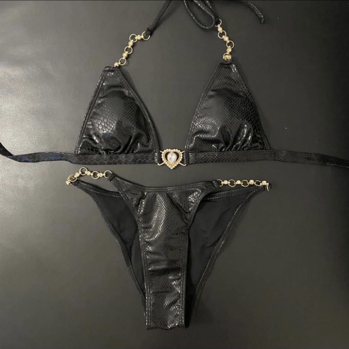  Heart charm attaching halter-neck bikini top and bottom set lady's swimsuit python print black black 