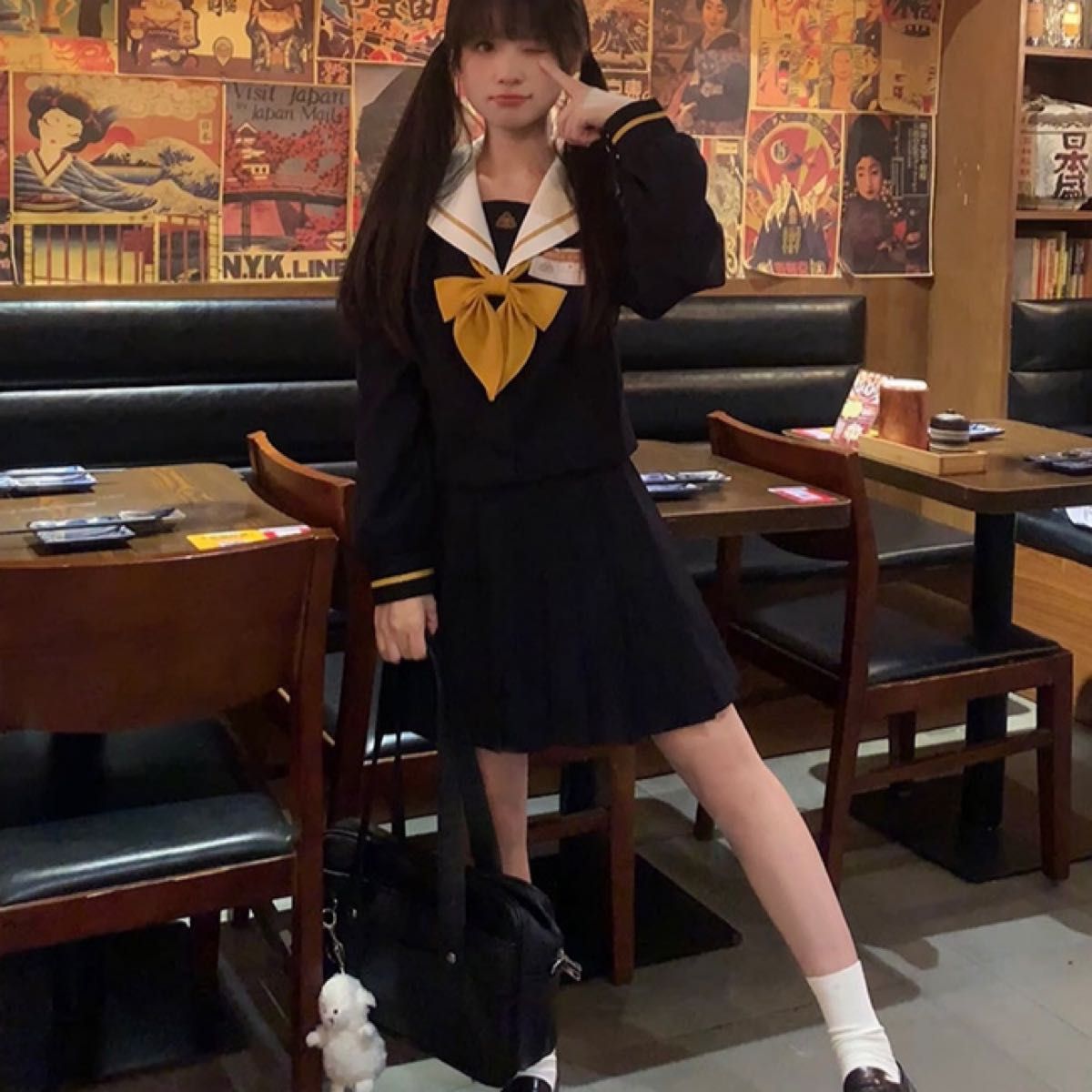 冬服セーラー服セット 特大サイズ W85 XXL 黄色ライン 替え襟 冬服セーラー服セット 特大サイズ W85 XXL 黄色ライン 替え襟