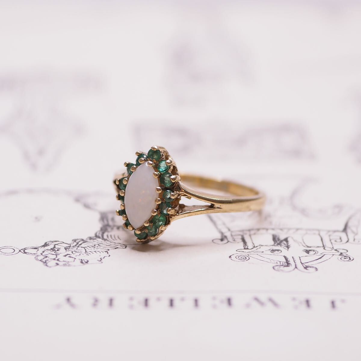 ＊K9エメラルド&オパールリング＊英国ヴィンテージ イギリス アンティーク 指輪 金 昭和レトロ ring vintage antique gold emerald (検K18 の画像7