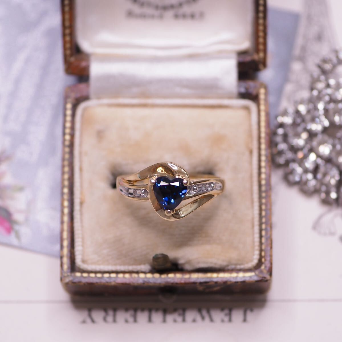 ＊K10ロイヤルブルーサファイア&ダイヤモンドリング＊英国ヴィンテージ アンティーク ring vintage antique gold blue sapphire diamondの画像1