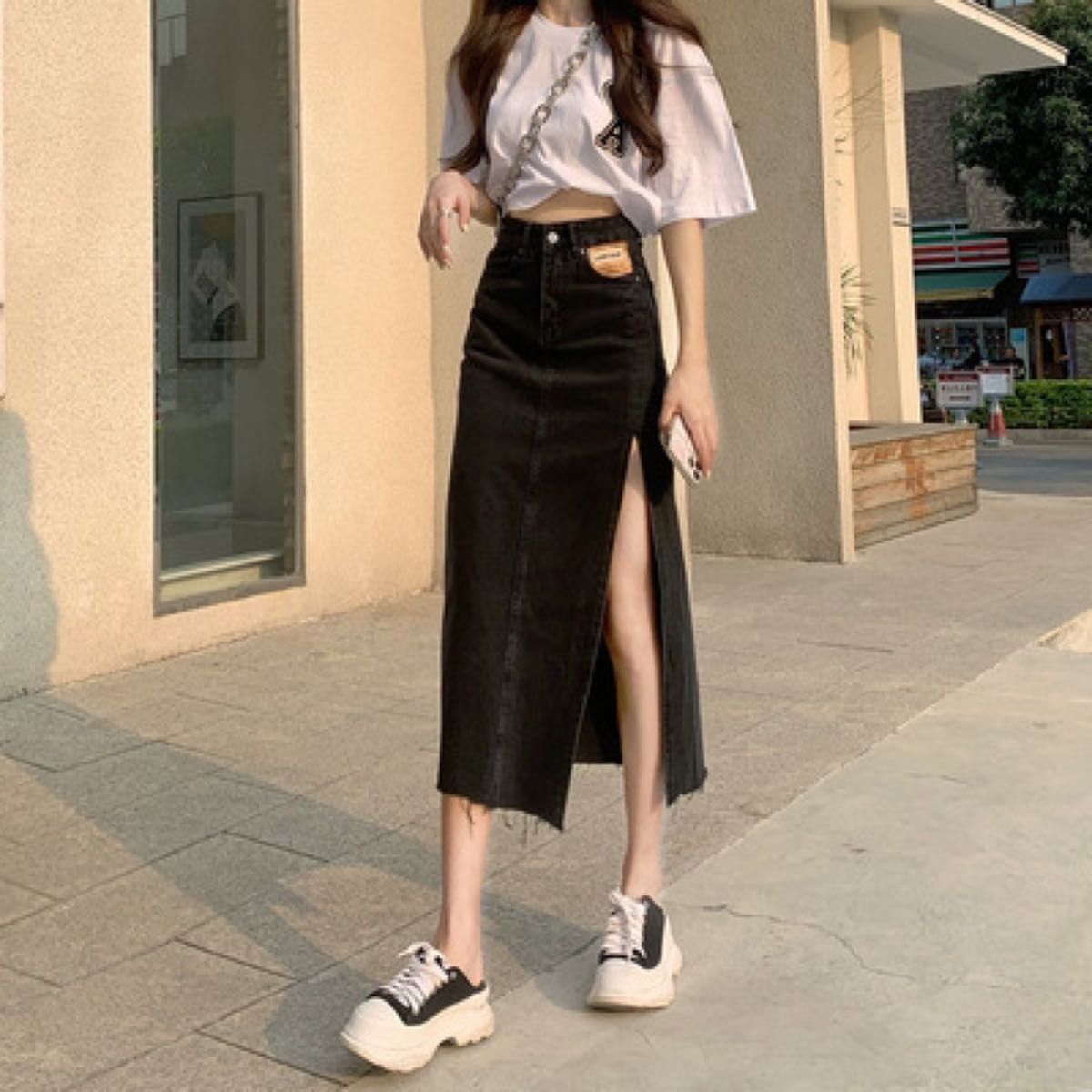 韓国風　デニムスカート　黒　Mサイズ デニム スカート 足長効果 