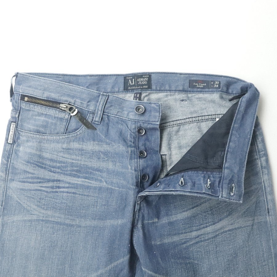 極美品 ジョルジオアルマーニ ARMANI JEANS J16 Low Crotch Antifit ケミカルウォッシュ ブリーチ加工 デニム ストレートパンツ W30 L34の画像2