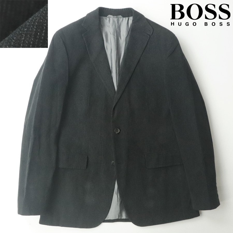 【とろとろ上質ベルベット】美品 HUGO BOSS ヒューゴボス コットン100％ レザー切替 2つボタン ベロアジャケット 黒 48【参考価格￥96,800-_画像1