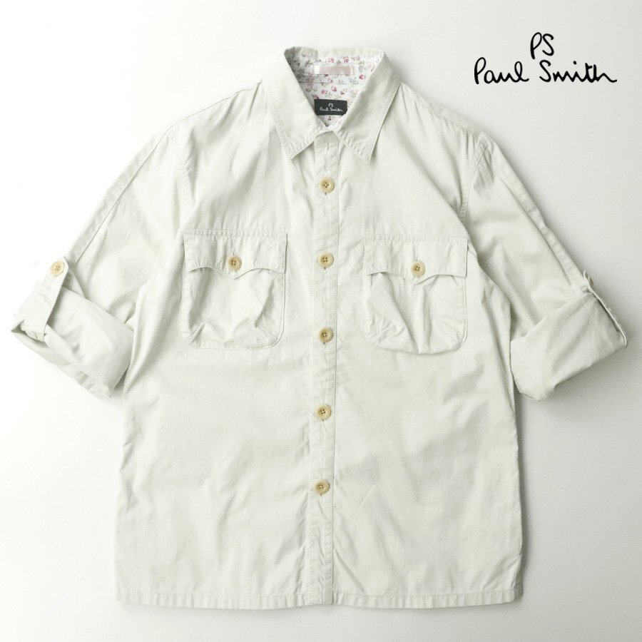 美品 PS PAUL SMITH ポールスミス ロールアップ袖 裏地フローラルプリント ミリタリー シャツ アイボリー M【参考価格￥17,600-】