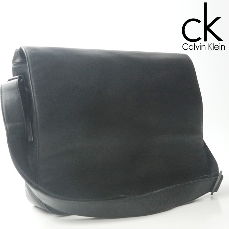 【極上のシボ感！】美品 CK Calvin Klein カルバンクライン 仔牛革 カーフレザー クロスボディ メッセンジャー ショルダーバッグ ブラックの画像1