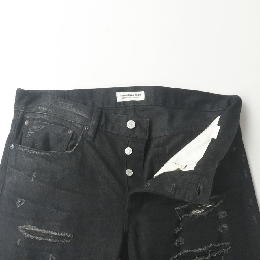 極美品 RON HERMAN DENIM ロンハーマン クラッシュ ヴィンテージ加工 ブラックデニム スリムストレートパンツ 黒 32【参考価格￥50,600-】の画像2