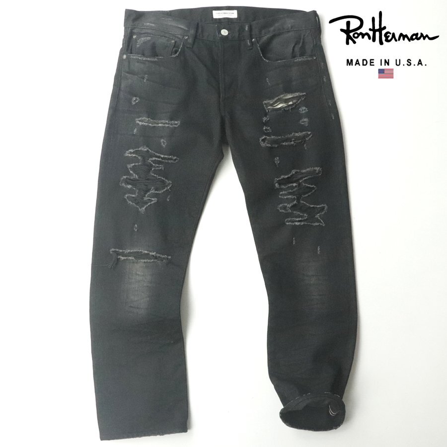 極美品 RON HERMAN DENIM ロンハーマン クラッシュ ヴィンテージ加工 ブラックデニム スリムストレートパンツ 黒 32【参考価格￥50,600-】の画像1