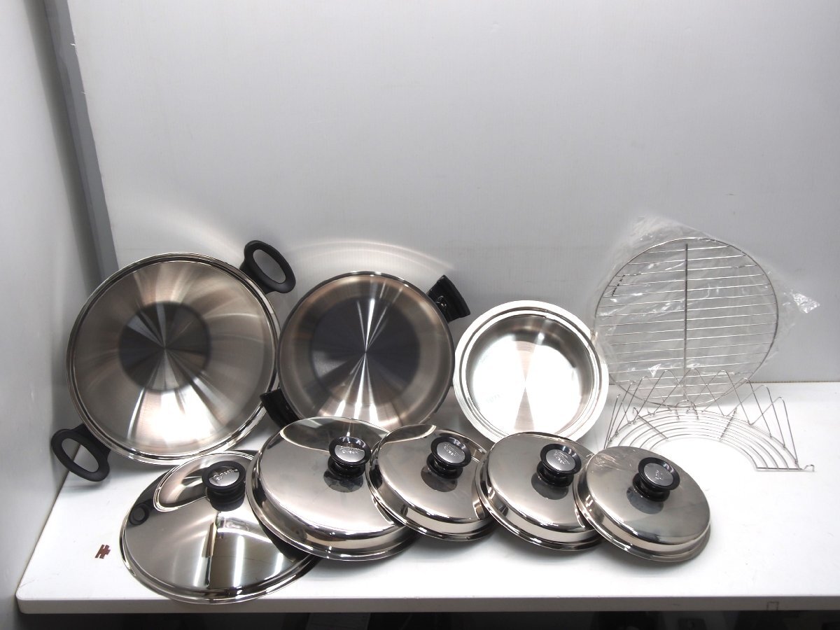 *1,000 jpy ~*[ unused ] Amway/ Amway single-handled pot / two-handled pot / cover / steamer / oil cut . net etc. 22 point set America made 18/8 stainless steel QUEEN
