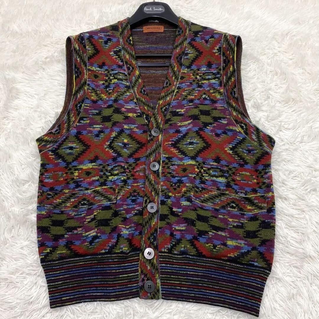 【美品】 希少50サイズ◆ イタリア製 MISSONI ミッソーニ 幾何学模様 ニットベスト マルチカラー メンズ ユニセックス LL XL相当_画像1