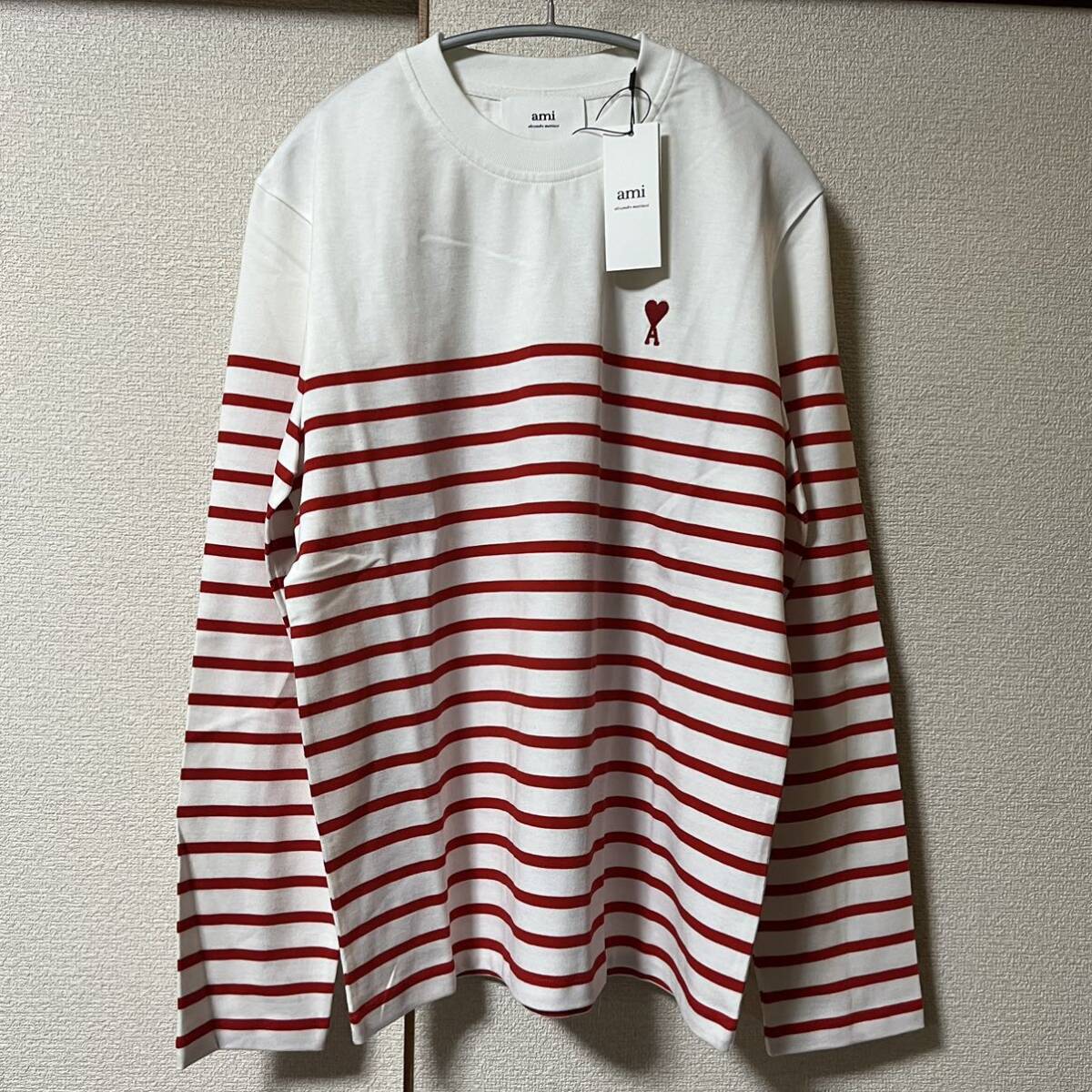 新品 AMI Paris DE COEUR アミパリス ボーダー ロングスリーブ Tシャツ レッド×ホワイト ボーダー S ロンT 長袖_画像4