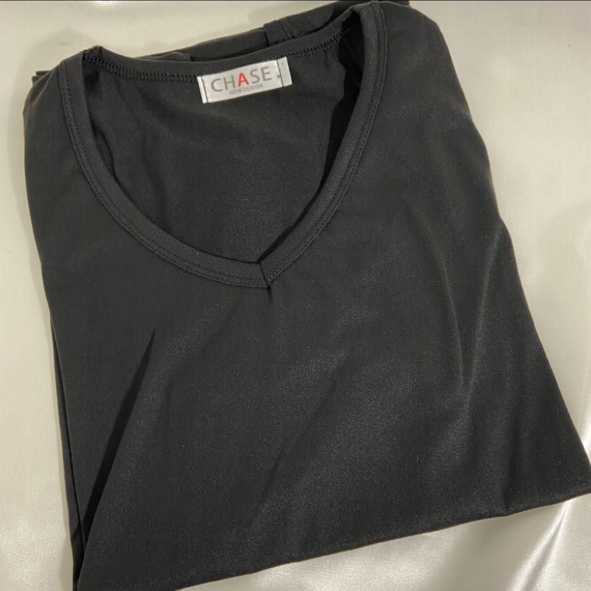 Vネック　半袖 きれいめ シンプル カットソー レディース Tシャツ　インナー 黒 Lサイズ