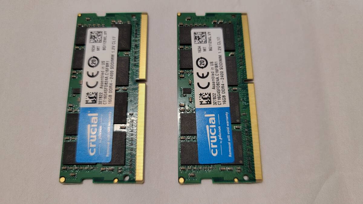 【中古完動品】ノート用メモリ32GB（16GB×2個）DDR4-2400 SO-DIMM CT16G4SFD824A.C.C16FBR1 crucialの画像1