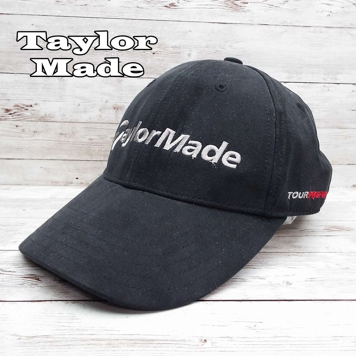 Taylor Made テイラーメイド スエード調　刺繍ロゴ キャップ 帽子 ブラック黒　フリーサイズ 頭周り：53～59cm ゴルフウエア メンズ古着_画像1