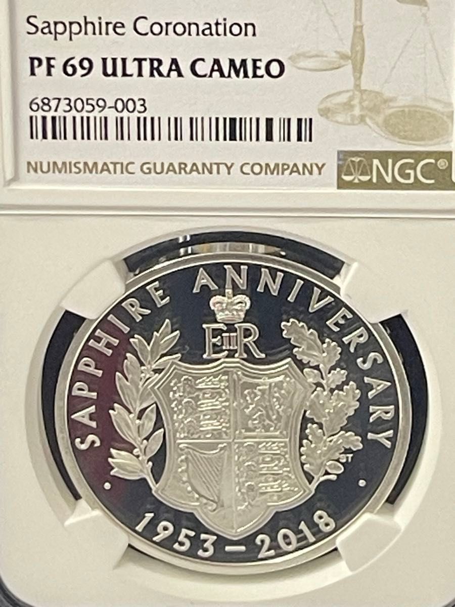 Royalmint 2018 エリザベス女王2世　戴冠65周年　サファイア記念 5£銀貨 NGC PF69 UC