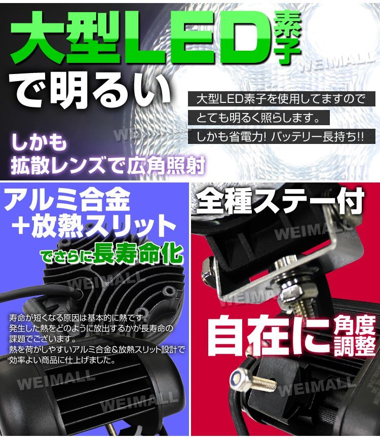 お得な2個セット！27W LEDワークライト 作業灯 建築機械用照明 フォグライト ミニバイク 集魚灯 幅広い用途で大人気 12～24V対応 丸型_画像5