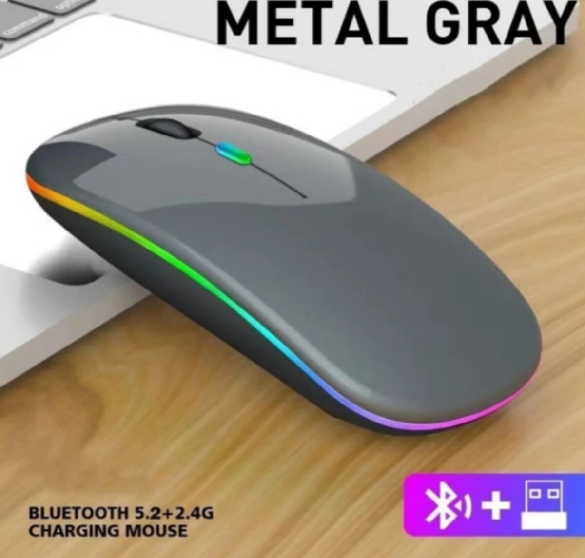 充電式ワイヤレスマウス Bluetooth+2.4GHz 無線 超薄型 静音 METAL GRAY_画像1