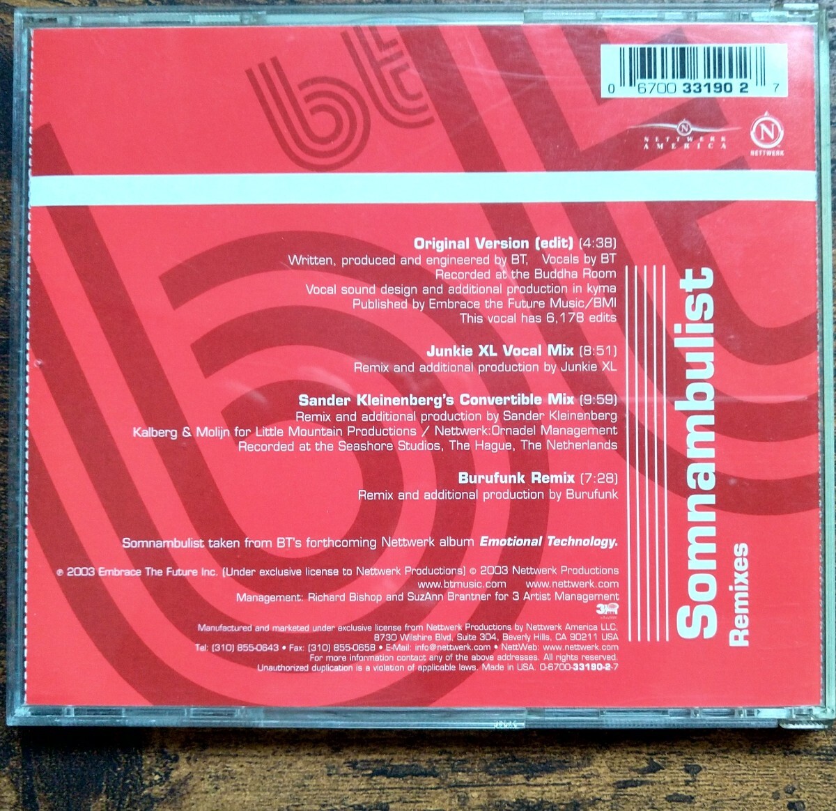 BT/Somnambulist Remixes [Maxi-Single] (US盤) Junkie XL Sander Kleinenberg Burufunk 参加_画像3