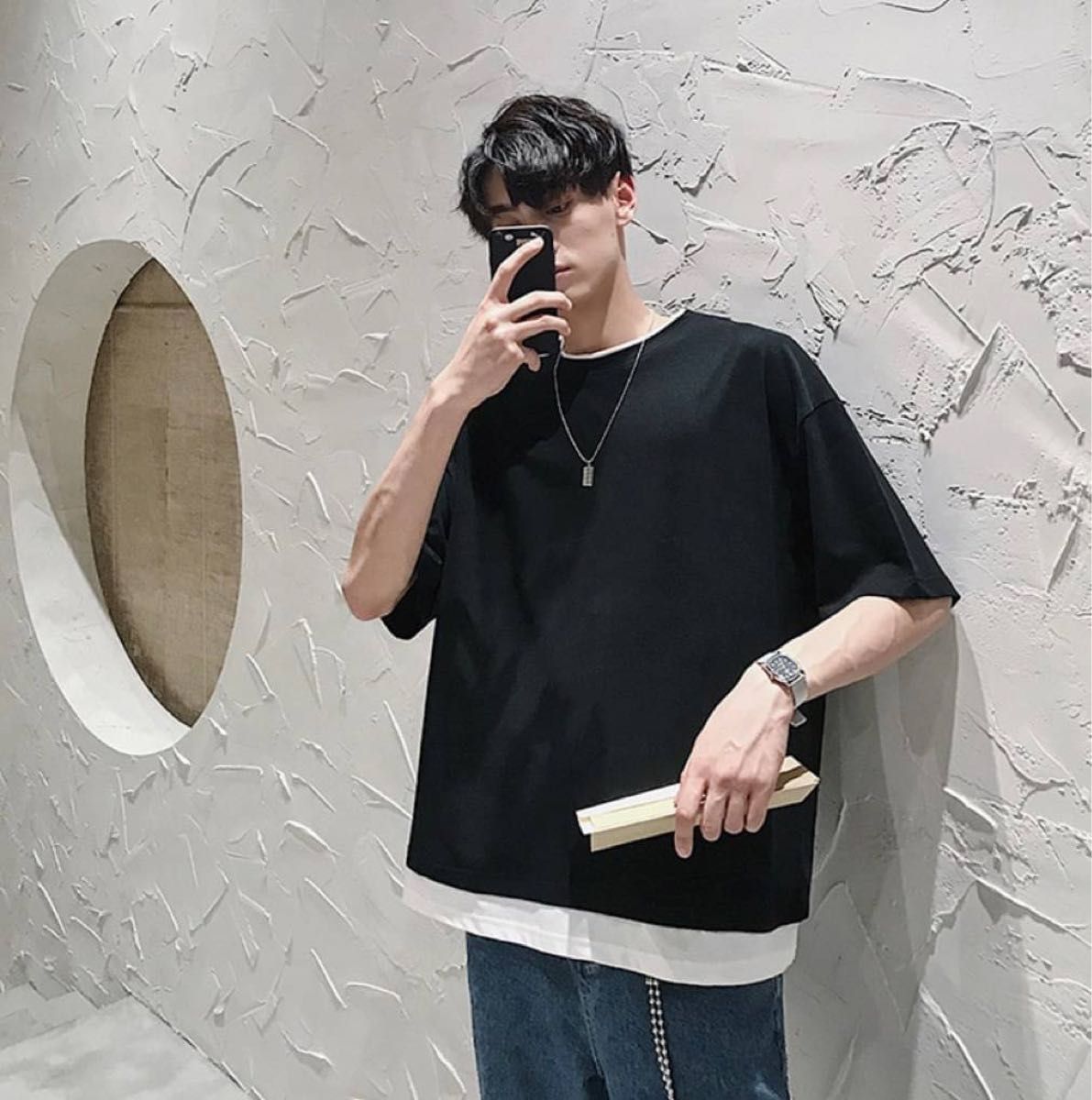 メンズ　レイヤードTシャツ　ブラック　XL トップス　フェイク　夏　半袖　カットソー   無地　シンプル　韓国　カジュアル