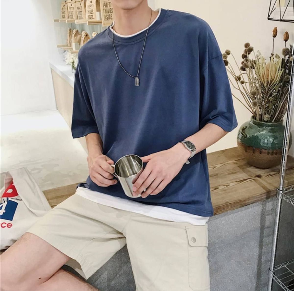 メンズ　レイヤードTシャツ　ブルー　2XL トップス　フェイク　夏　半袖　カットソー   無地　シンプル　韓国　カジュアル